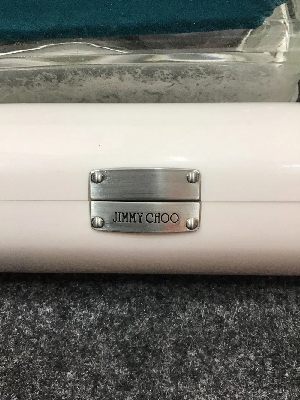 Jimmy Choo White Gloss Cylindrical Case with Metal Plaque hardshell